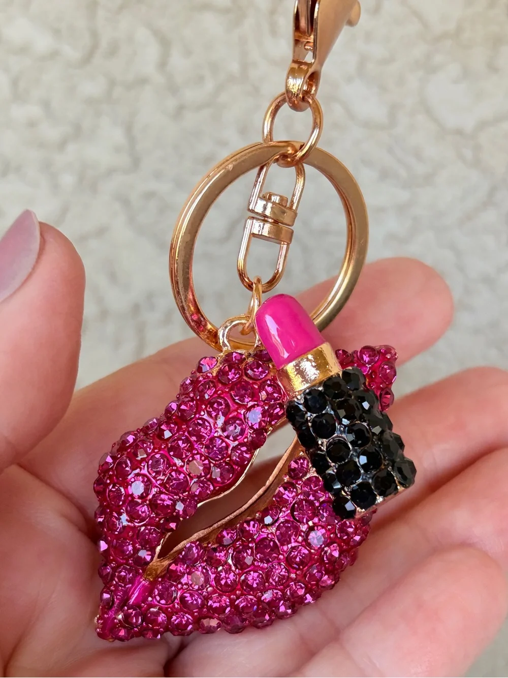 Glam Gold-Tone Hot Pink Crystal Lip & Lipstick Keychain